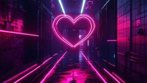 Neon heart corridor in immersive cyberpunk lightscape design.
