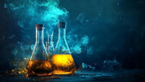 Glowing lab flasks with yellow liquid and blue rising smoke.