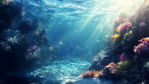 Sunlit coral reef valley with vibrant tropical marine life.