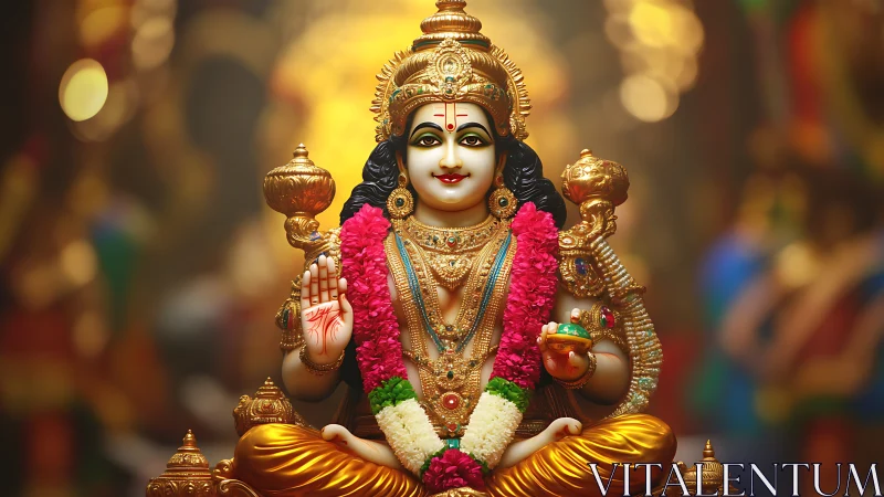 Radiant Hindu deity idol crowned in garlands and molten gold.