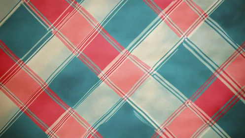 Diagonal teal and coral plaid textile pattern fills frame