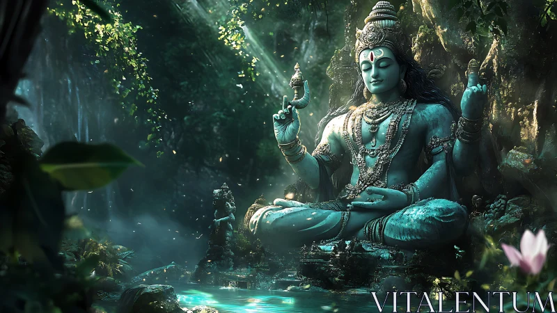 Seated stone deity figure in dense forest grotto setting.