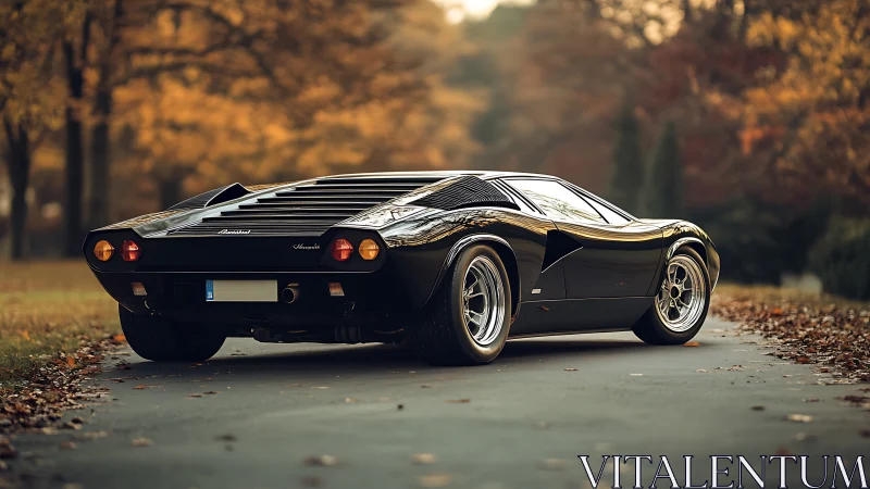 Vintage black supercar on autumn driveway with soft bokeh light.
