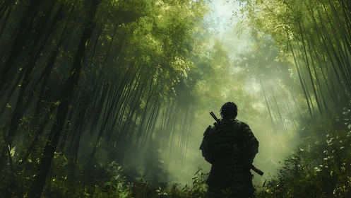 Solitary samurai observes diffuse light in dense bamboo forest