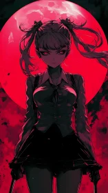 Crimson backlit anime girl under oversized blood moon glow