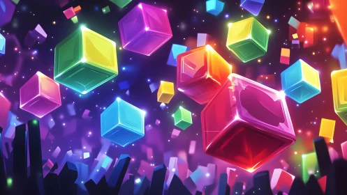 Glowing neon cubes drift through a vibrant cosmic void
