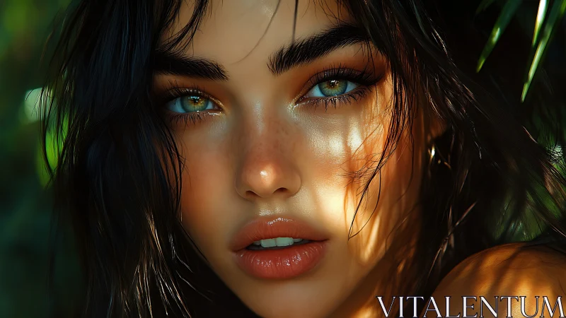 Sunlit close-up portrait shows luminous green-eyed woman