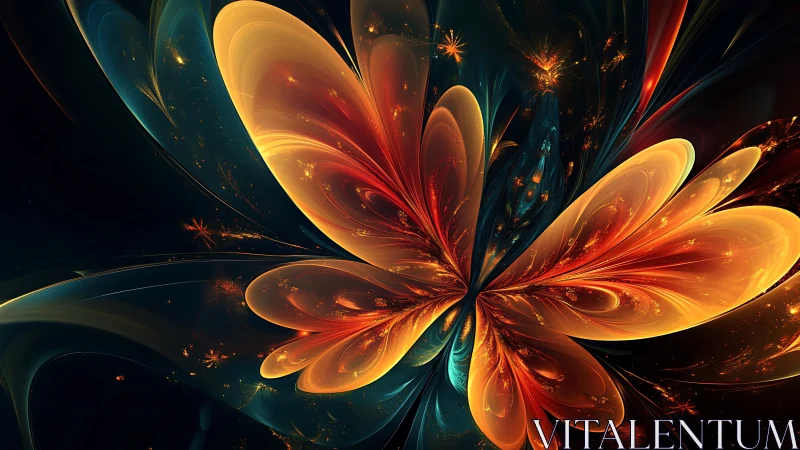 Fractal butterfly form radiates glowing orange and teal