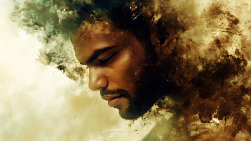 Profile study of male face dissolving into textured abstract clouds