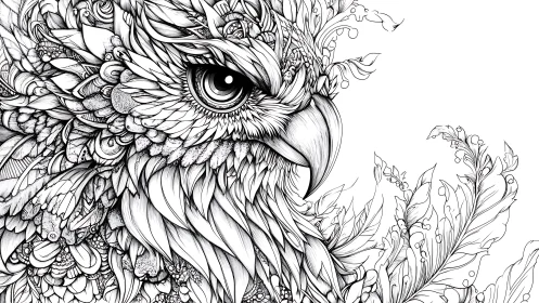 Intricate Owl Line Art with Detailed Feathers and Botanical Elements.