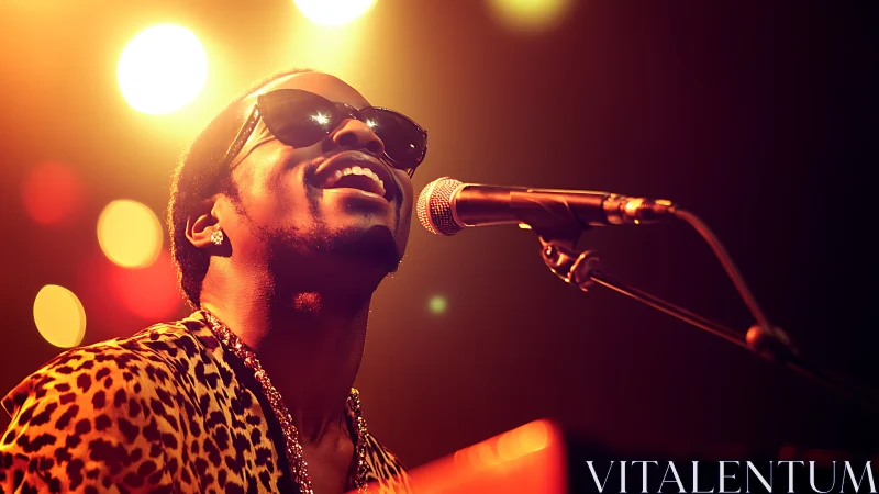 Soul singer in leopard shirt performing under warm stage lights.
