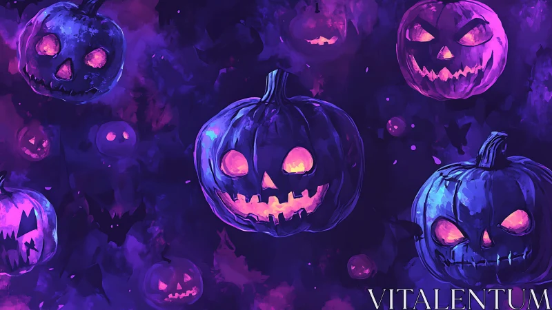 Glowing jack o lanterns drift within deep violet fog