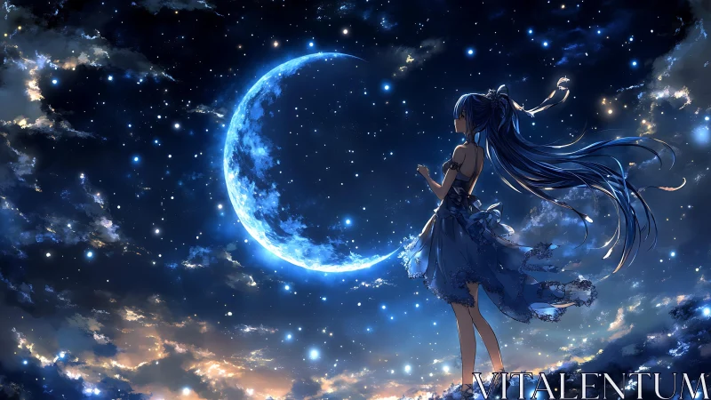 Starry night girl faces glowing crescent moon in sky