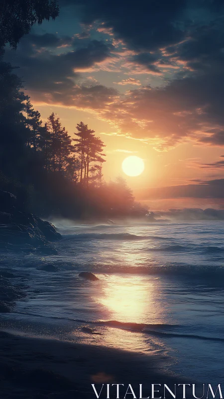 Sunlit forest coastline under vivid atmospheric sunset.