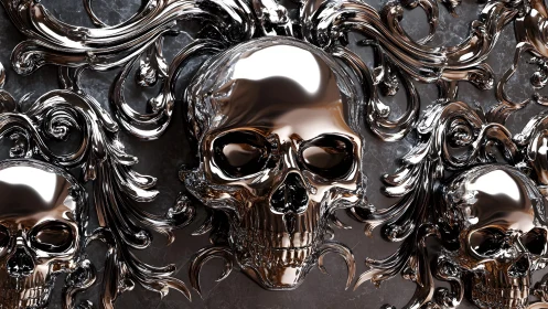 Shiny Metallic Skulls with Ornate Baroque Details in Dark Setting.