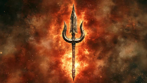 Fiery trident symbol rises through swirling cosmic flames.