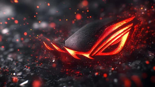 Futuristic glowing red ROG logo on dark textured background.