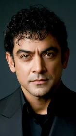 Smoldering gaze of a poised man in noir-black tailoring.