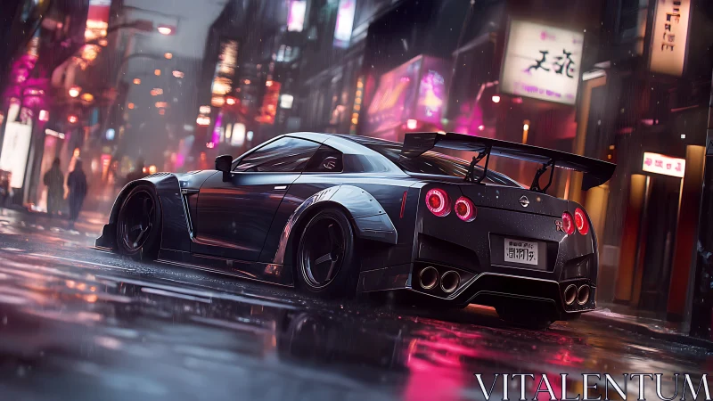 Neon city streets welcome a sleek tuned sports car at night