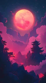 Giant pink moon over misty mountains and temple at night.
