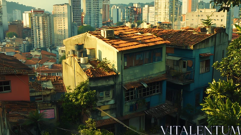 Sunlit hillside favela block against dense vertical skyline.