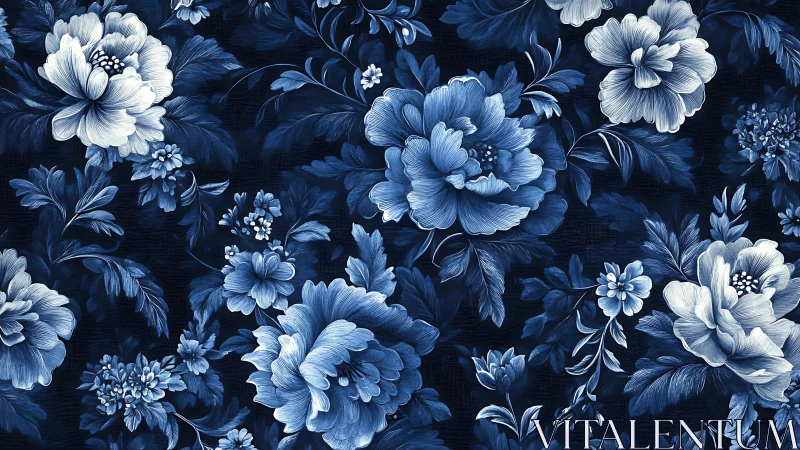 Blue and White Floral Chinoiserie Pattern on Deep Navy Ground