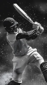 Cricket batter mid-swing in dynamic monochrome action shot.