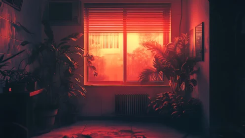 Indoor plants around window with intense red lighting.