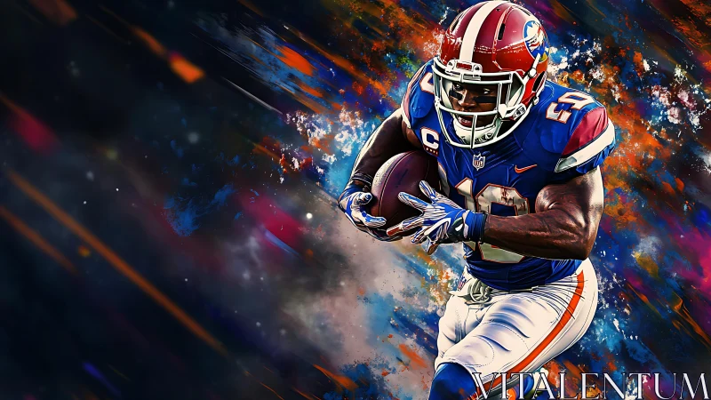 Dynamic football runner charges through vivid abstract energy