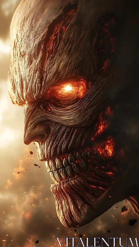 Molten giant skull gazes over a burning apocalyptic sky