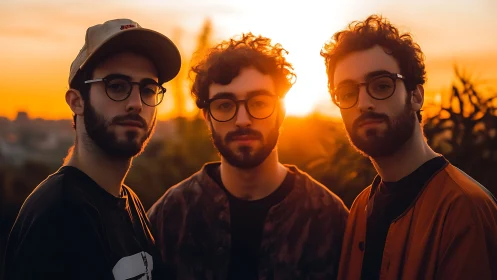 Triptych portrait of three similar men at golden hour backlight