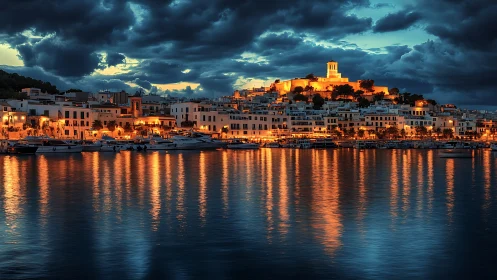 Harbor city skyline under stormy dusk sky, glowing lights.