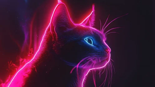 Neon outlined cat portrait with glowing blue eye profile.