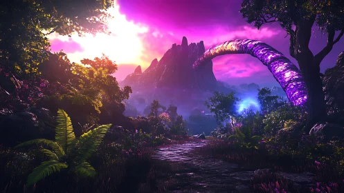 Bioluminescent Gateway Through Alien Jungle Under Cosmic Twilight