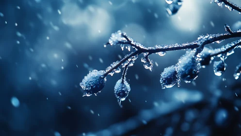 Frozen berry branch captures crystalline ice in shallow focus