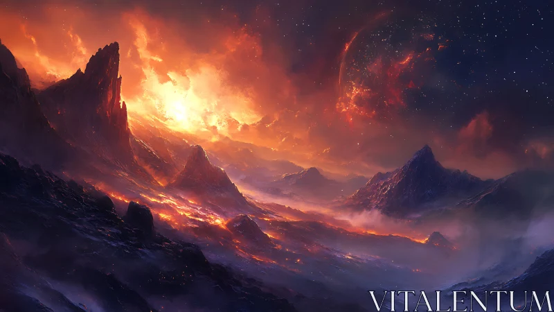 Volcanic alien landscape burns beneath fragmented red planet