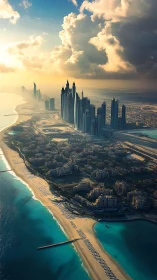 Aerial littoral megacity skyline under volumetric sunset clouds.