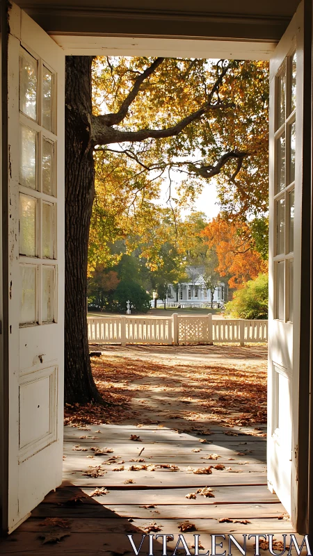 Open doorway framing autumn yard with trees and house.