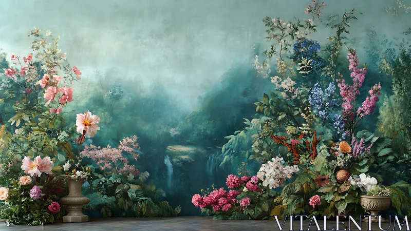 Lush floral still life before misty teal romantic landscape