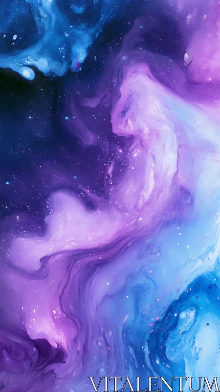 Cosmic clouds swirl softly in soothing violet and blue light