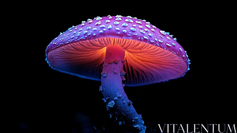 Bioluminescent fly agaric mushroom underside in neon macro profile