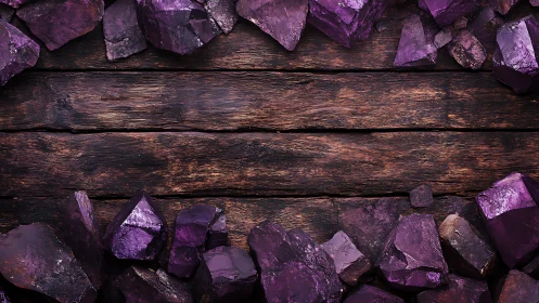 Deep violet crystals rest gently along rustic wooden boards