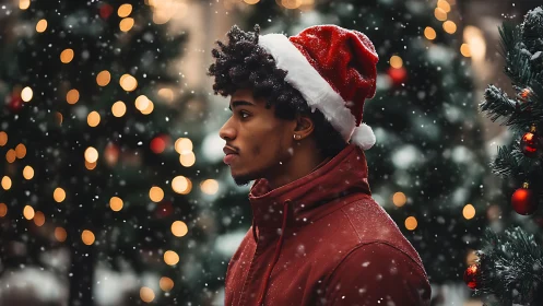 Young man in Santa hat walks through glowing snowfall.