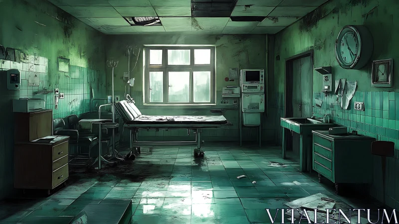 Lingering quiet fills an abandoned green hospital room