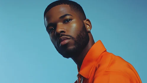 Cool gaze in electric orange against calm blue hush.