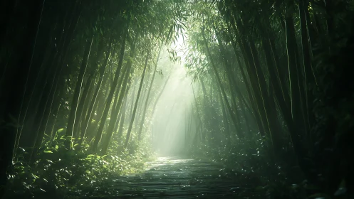Bamboo Forest Corridor with Ethereal Light Penetration