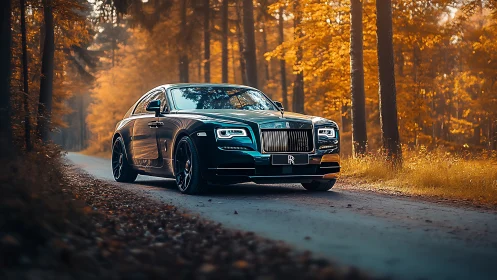 Luxury coupe glides through sunlit autumn forest road.