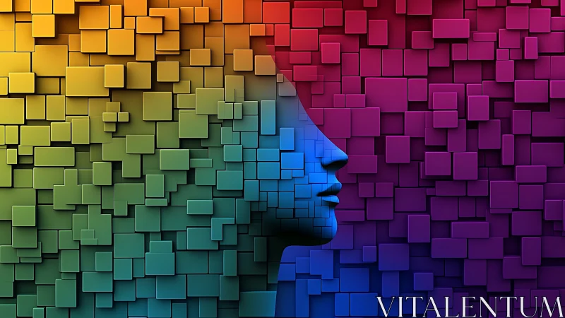 Geometric profile silhouette in vibrant rainbow mosaic grid.
