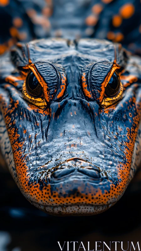 Close frontal view of reptile head with blue and orange skin.