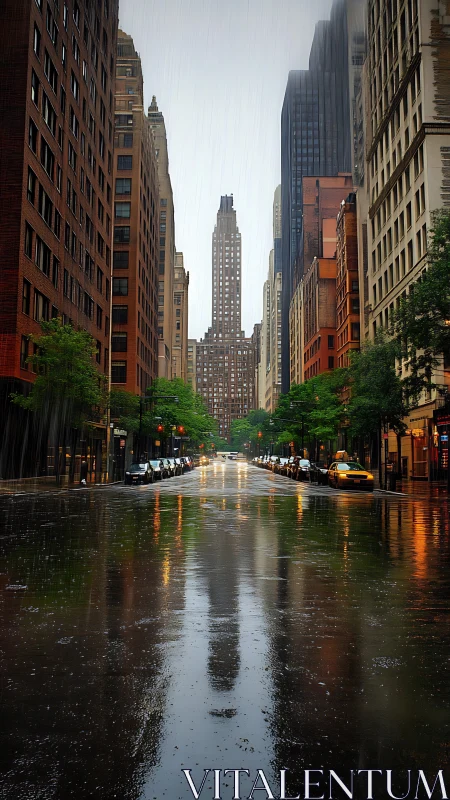 Rain-soaked avenue mirroring a lone art deco skyscraper.